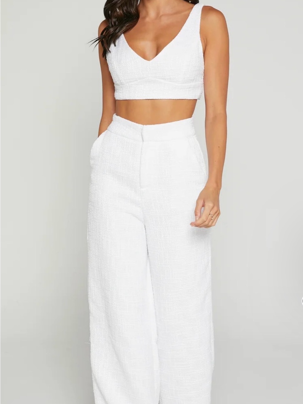 Showpo White High-Waist Wide-Leg Tweed Pants